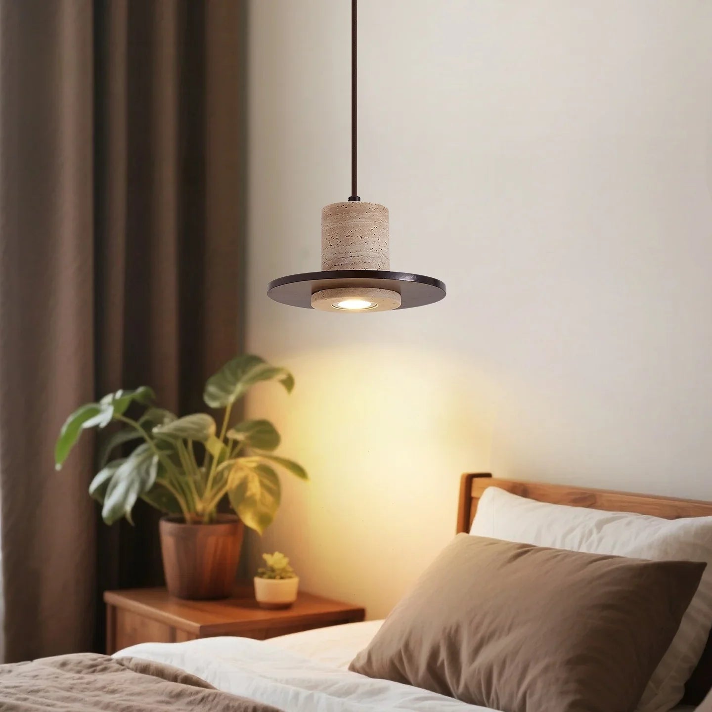 Afralia™ Stone Wood LED Pendant Lights Yellow Travertine Vintage Hanging Lamp