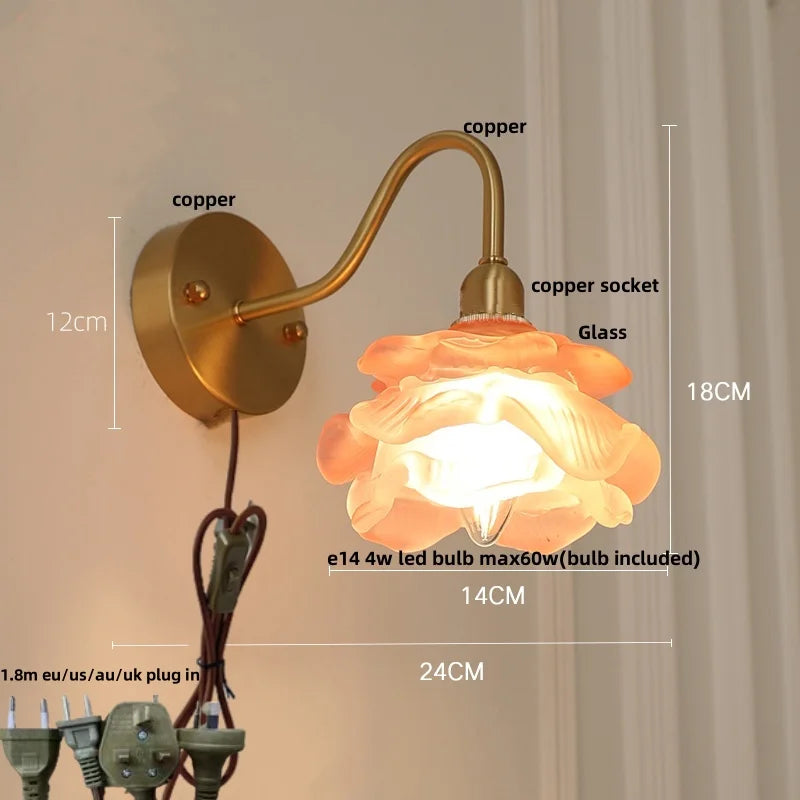 Afralia™ Vintage Loft LED Wall Sconce, Pink Glass Copper Stair Light Fixtures
