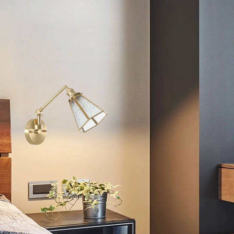 Afralia™ Vintage Brass Glass LED Wall Light with Pull Chain, Left Right Rotate Mirror Design