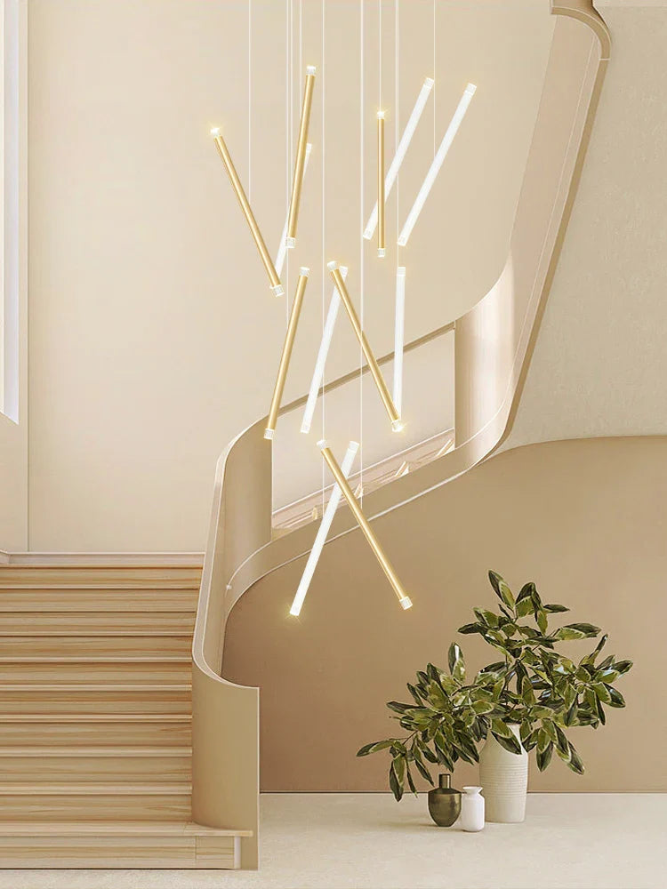 Afralia™ Black Round Tube LED Chandelier for Duplex Loft Stair - Interior Lighting Decoration