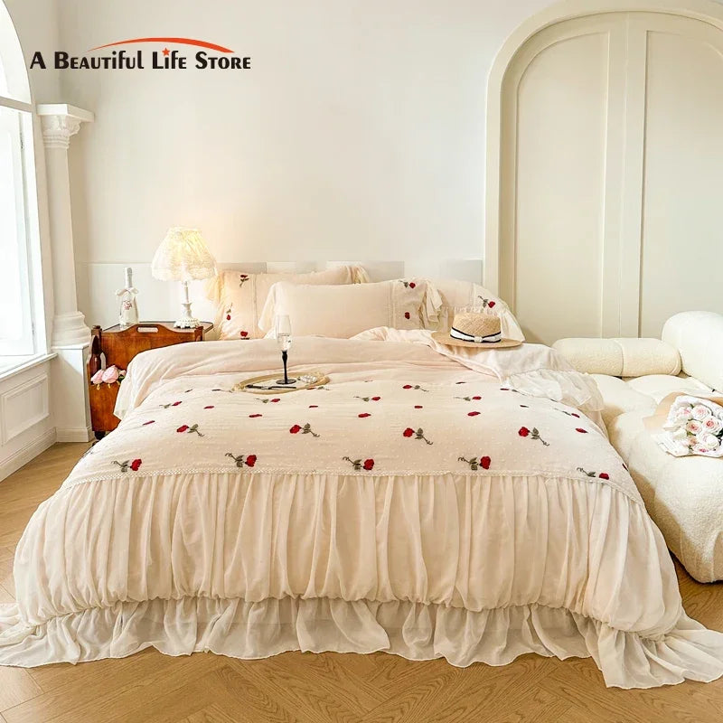 Afralia™ Romantic Lace Ruffles Rose Flowers Embroidery Princess Bedding Set