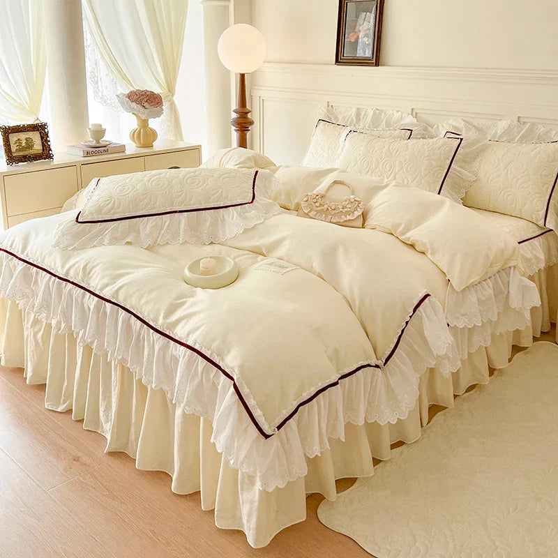 Afralia™ Lace Ruffles Bedding Set: 4pcs Solid Color Princess Quilt Cover, Bed Skirt, 100% Cotton Pillowcase