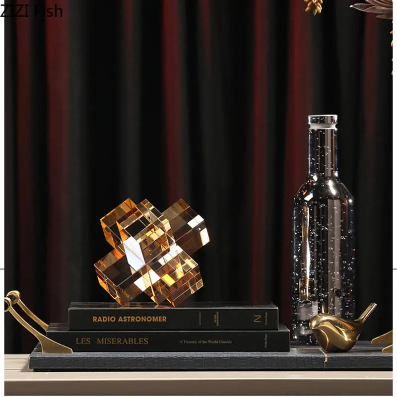 Afralia™ Cross Crystal Geometric Glass Sculpture Desk Decoration Frosted Square Statue