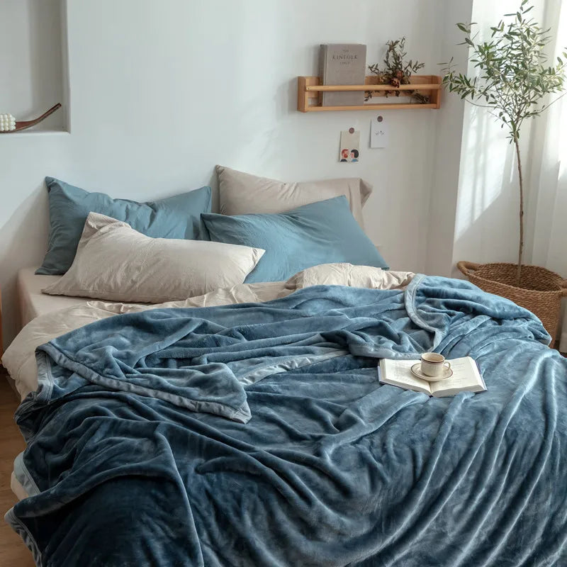 Afralia™ Nordic Solid Flannel Blanket - Warm Queen King Size Bedspread for All Seasons