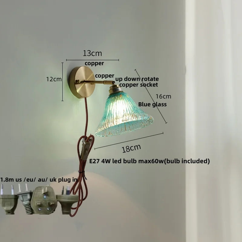 Afralia™ Blue Glass Wall Sconce Pull Chain Switch Rotate Stair Light