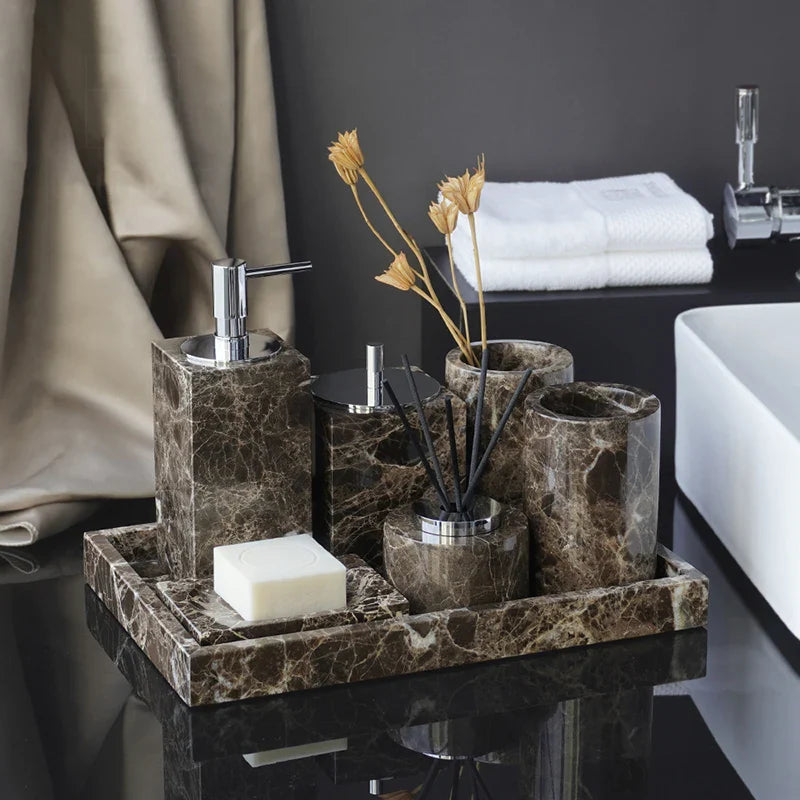 Afralia™ Emperador Dark Marble Bathroom Set with Luxury Accessories