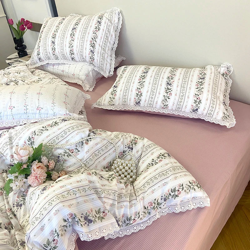 Afralia™ Vintage Lace Ruffles Duvet Set with Bed Sheet and Pillowcases