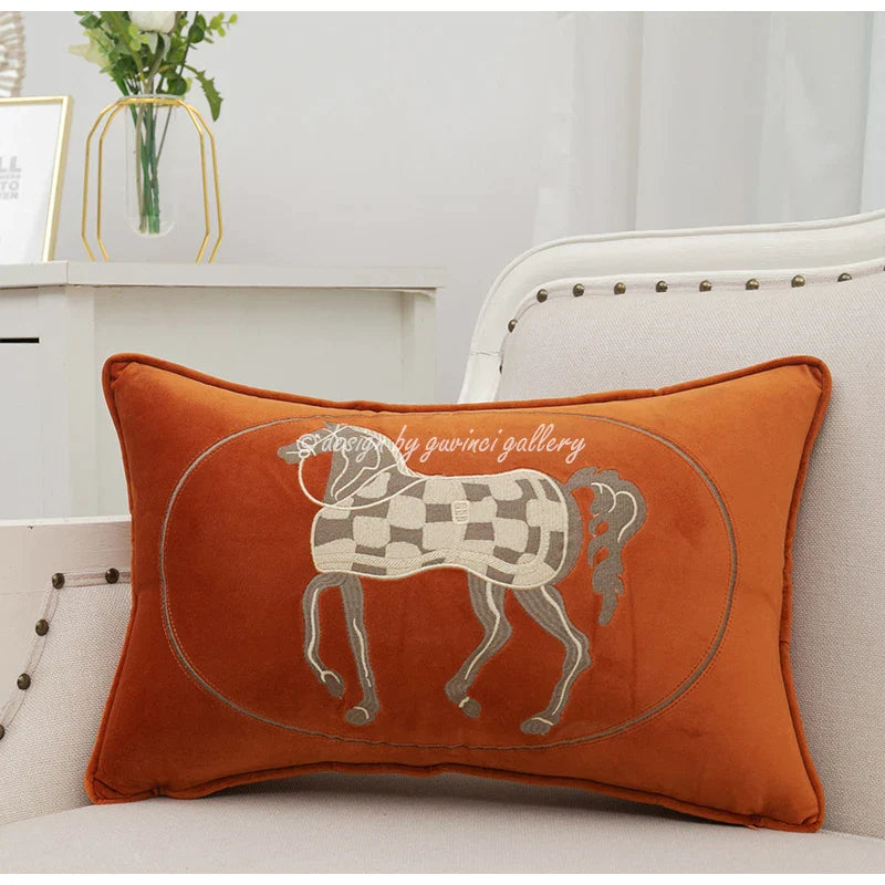 Afralia™ Velvet Horse Embroidered Lumbar Pillow Cover 30x50cm for Living Room