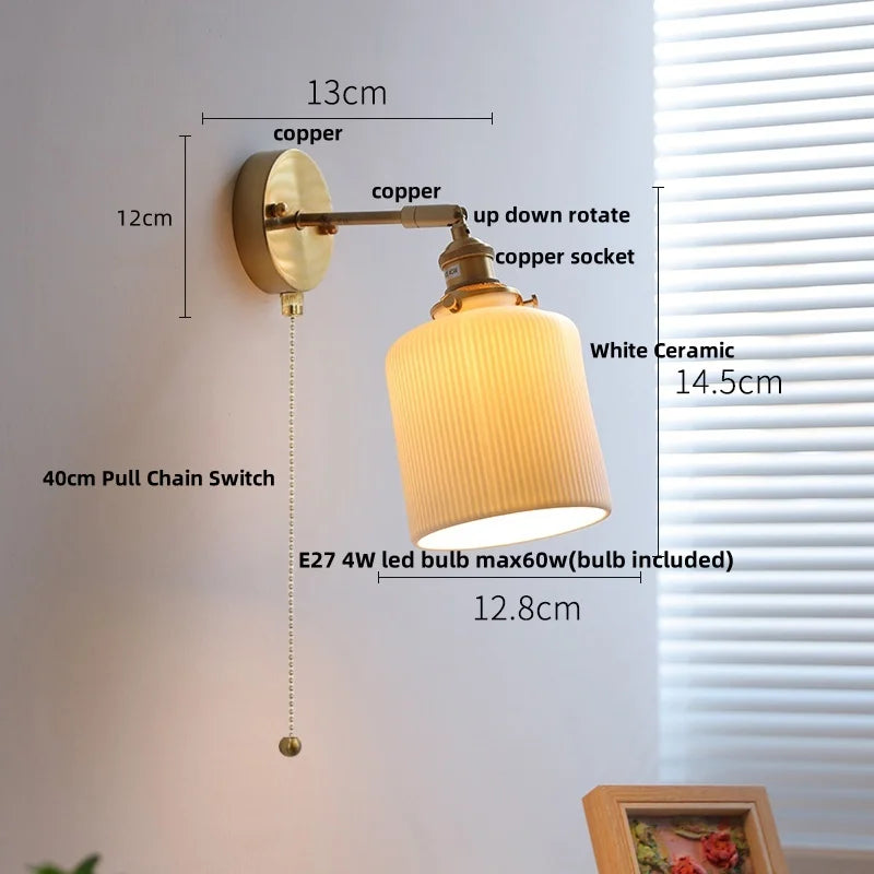 Afralia™ White Ceramic LED Wall Sconce with Pull Chain Switch & Rotate Copper Finish