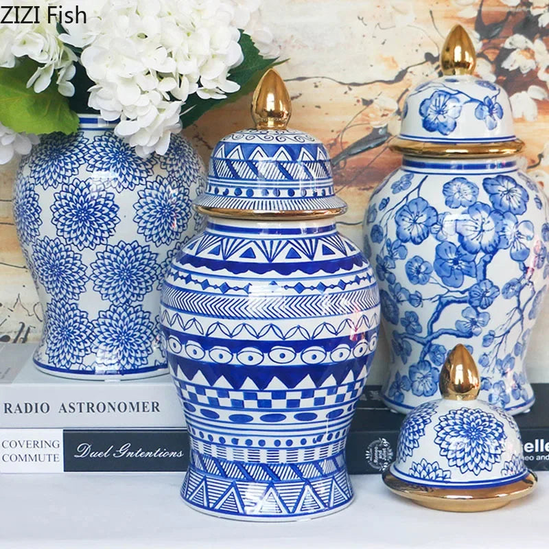 Afralia™ Blue & White Porcelain Ginger Jar: Retro Tea Caddy Vase Desk Decoration