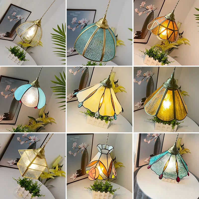 Afralia™ Brass Vintage Glass Pendant Lamp Adjustable LED Dining Room Kitchen Fixture