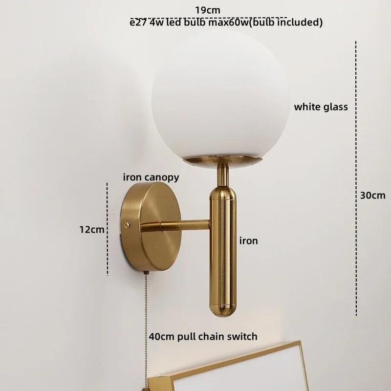 Afralia™ LED Glass Iron Wall Light with Pull Chain Switch for Corridor Living Room Bedroom
