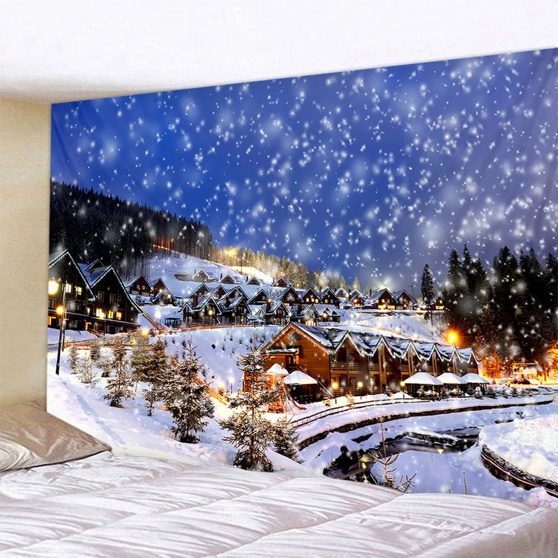 Afralia™ Snowy Town Tapestry: Nordic Christmas Wall Hanging for Boho Room Decor