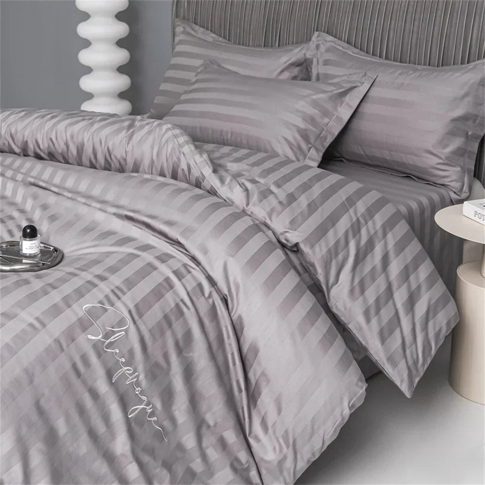 Afralia™ Nordic Grey Stripes Egyptian Cotton Bedlinens Set for Queen King Size