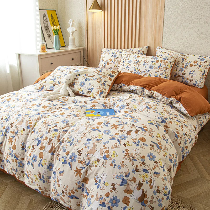 Afralia™ Flower Printed Washed Cotton Duvet Cover, Single/Queen/King Sizes