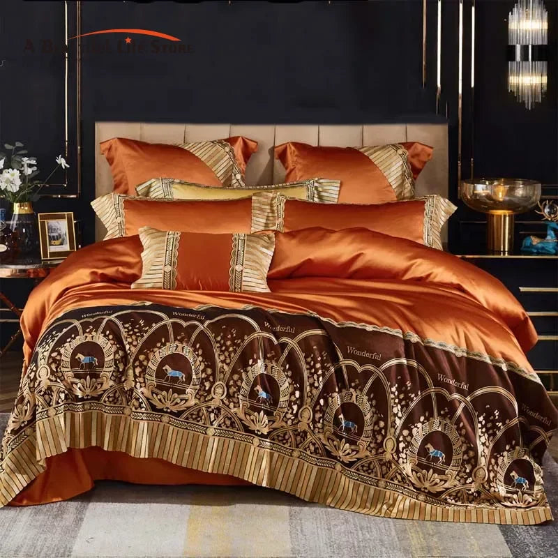 Afralia™ Luxury Horse Lace Silk Cotton Bedding Set, Orange, 1000TC