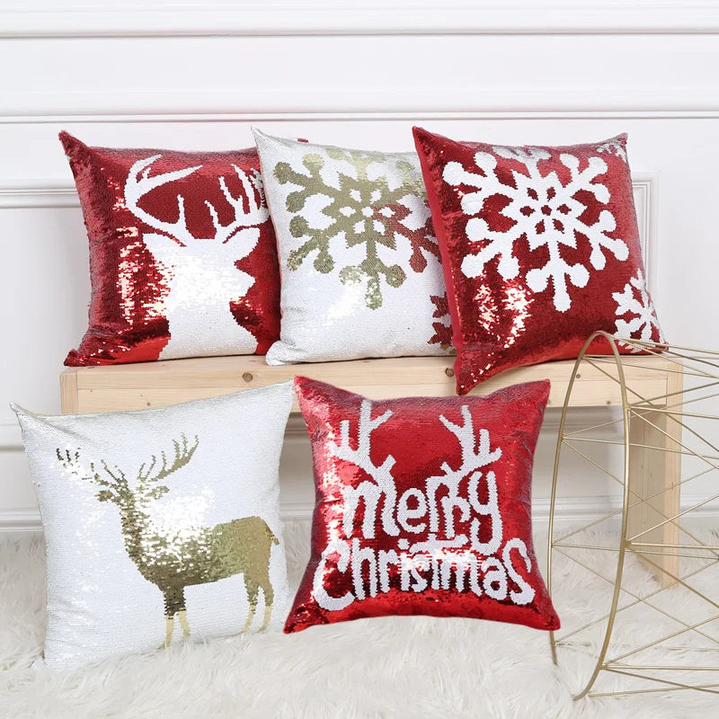 Afralia™ Red Golden Sequins Christmas Cushion Cover 40x40cm: Festive Xmas Home Decor Pillowcase