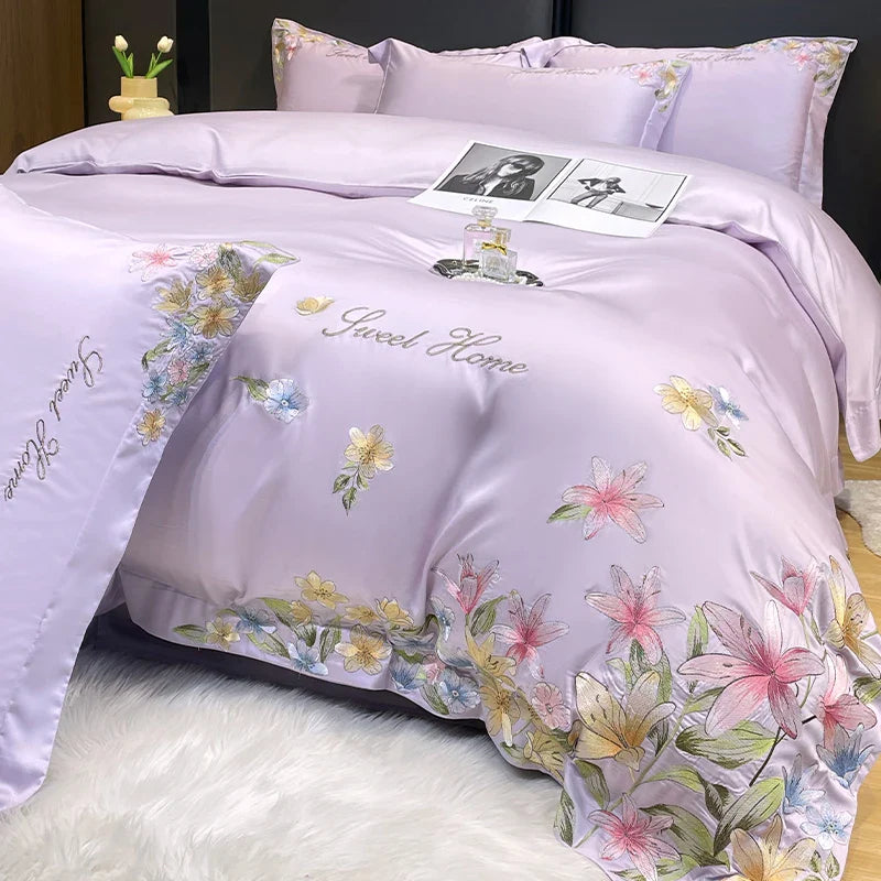 Afralia™ Flowers Embroidery Silky Duvet Set with Comforter Cover & Fitted Sheet
