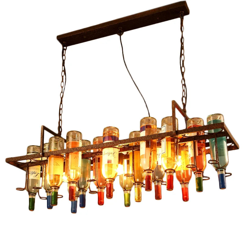 Afralia™ Rust Metal Wine Bottle Chandelier: LED Cafe Bar Lighting Fixture