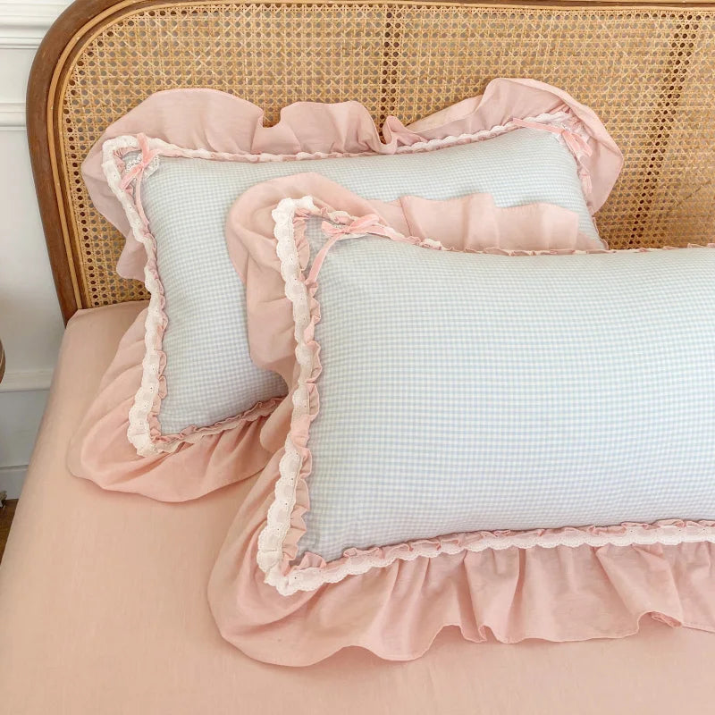 Afralia™ Blue Pink Lattice Bedding Set: Princess Ruffles Bow, 100% Cotton Quilt Cover, Sheet, Pillowcases