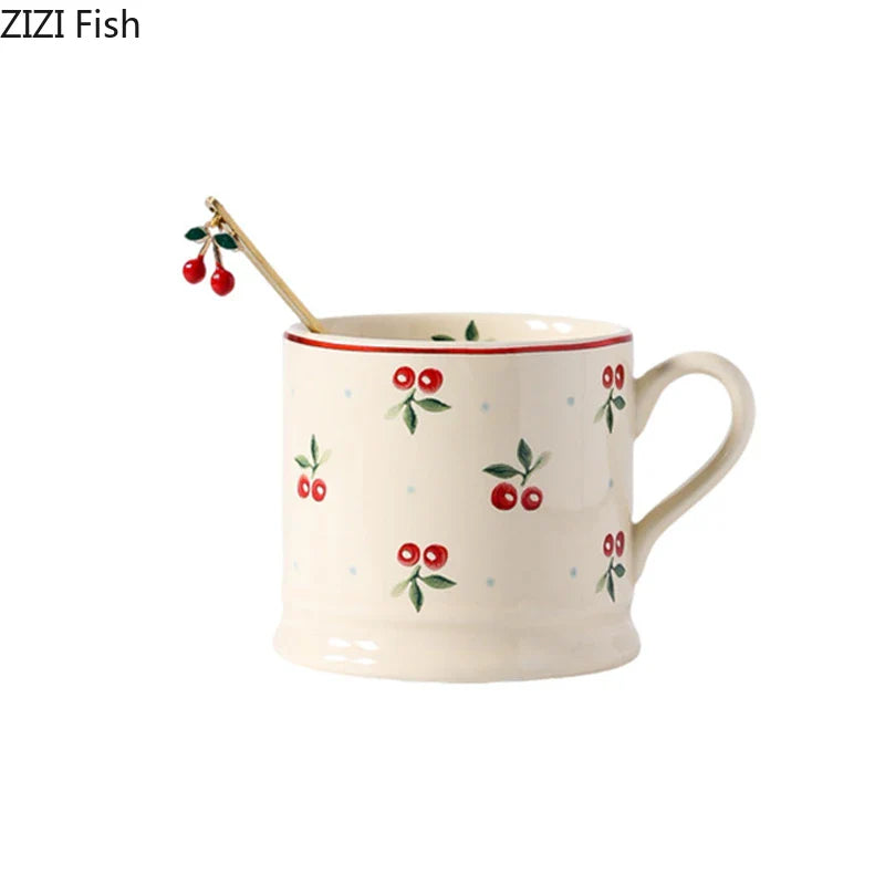 Afralia™ Cherry Pattern Porcelain Coffee Mug - Lovely Tableware Cup for Afternoon Tea