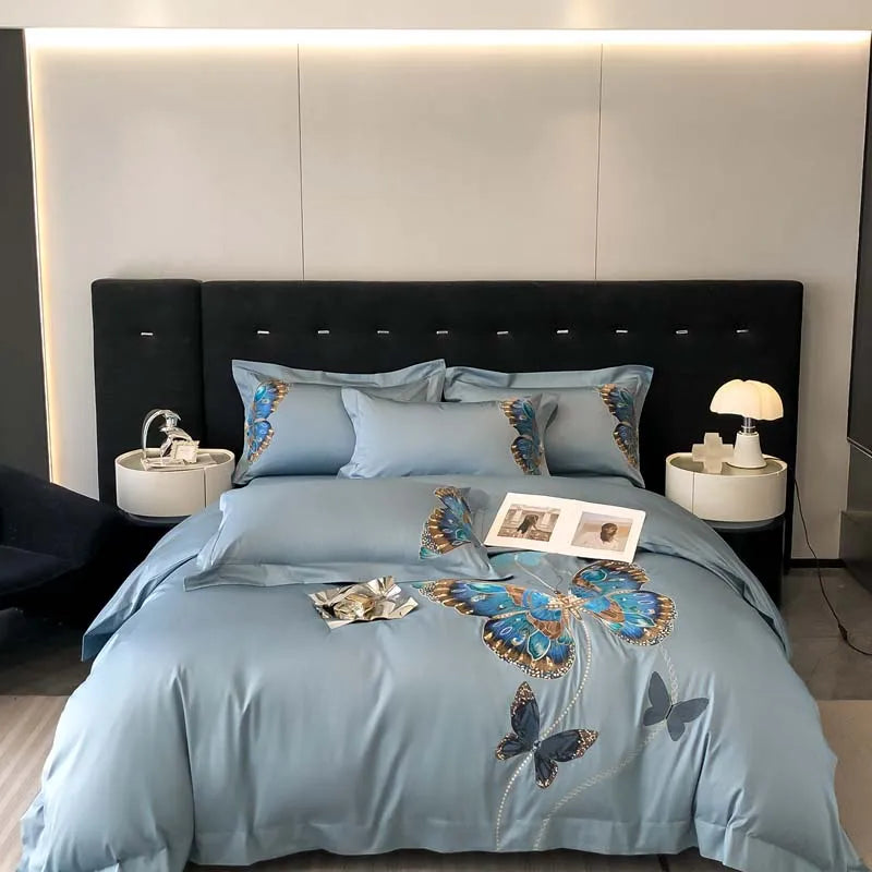Afralia™ Luxury Butterfly Embroidery Bedding Set, Egyptian Cotton, Queen King, White