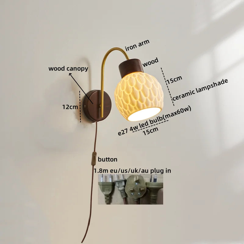Afralia™ Ceramic Wood LED Wall Lights Modern Bedside Lamp for Home Decor