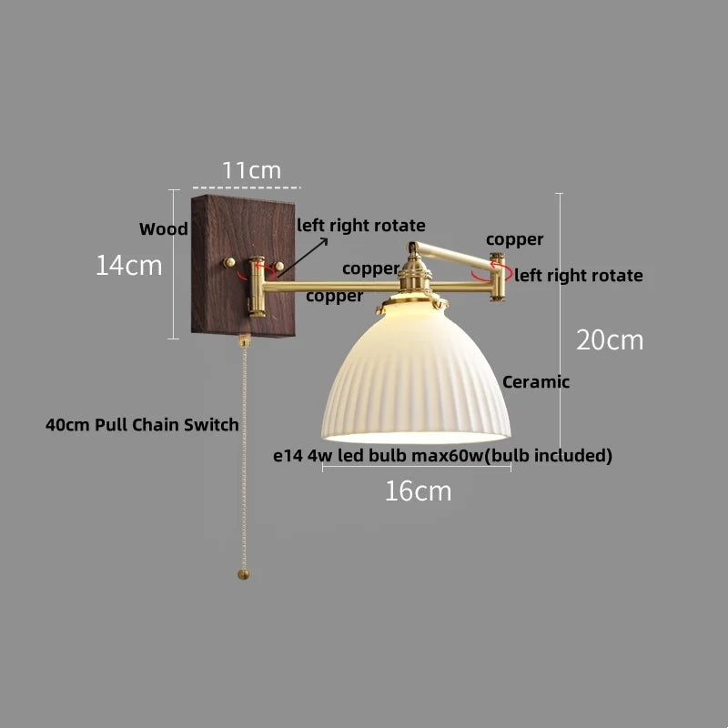 Afralia™ Wood Swing Arm LED Wall Lamp with Rotatable Shade & Pull Chain Switch