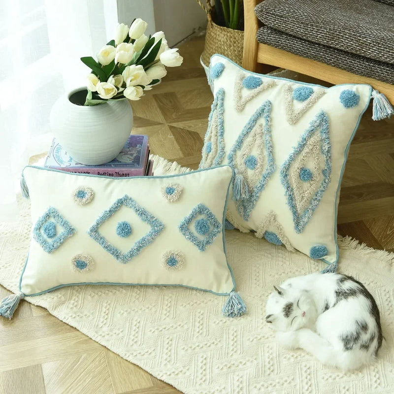 Afralia™ Boho Blue Diamond Moroccan Cushion Cover 45x45cm Home Decor