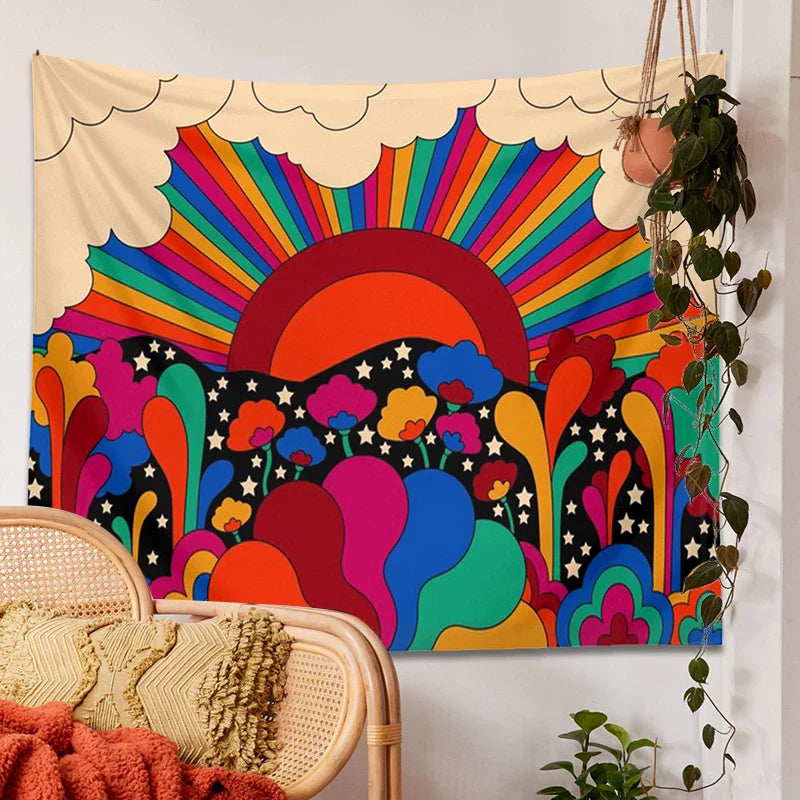 Afralia™ Retro Floral Sun Rainbow Tapestry Wall Hanging - Psychedelic Vintage Dorm Decor