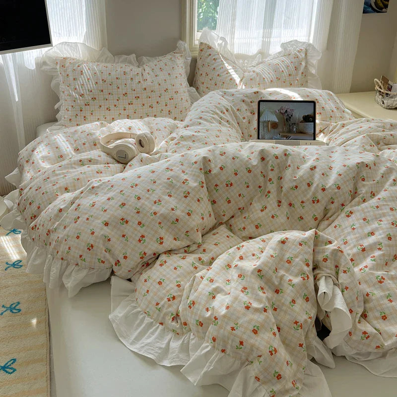 Afralia™ Small Floral Lace Ruffles Princess Bedding Set with Vintage Charm