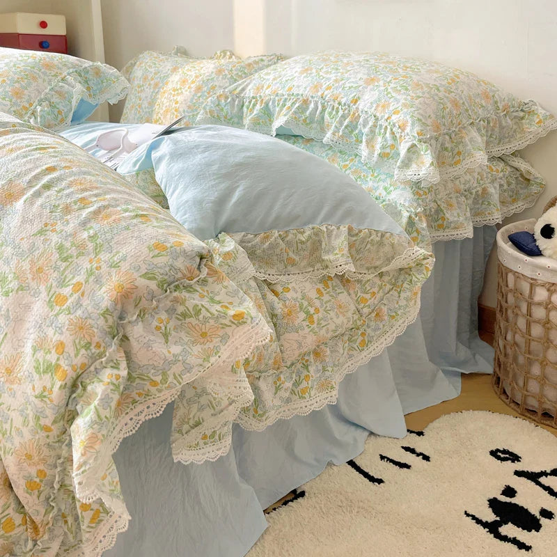 Afralia™ Korean Lace Ruffles Bedding Set with Bed Skirt, Soft Skin-Friendly Material