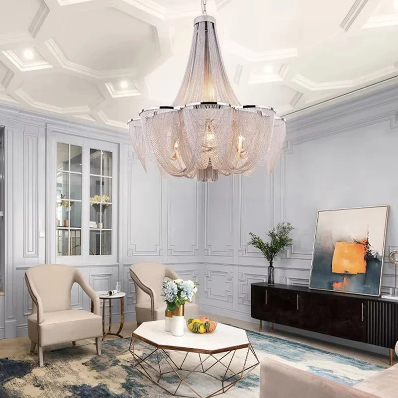 Afralia™ Circular Chrome Chain Pendant Light LED Ceiling Aluminum Living Room Luxe Chrome Gloss Light