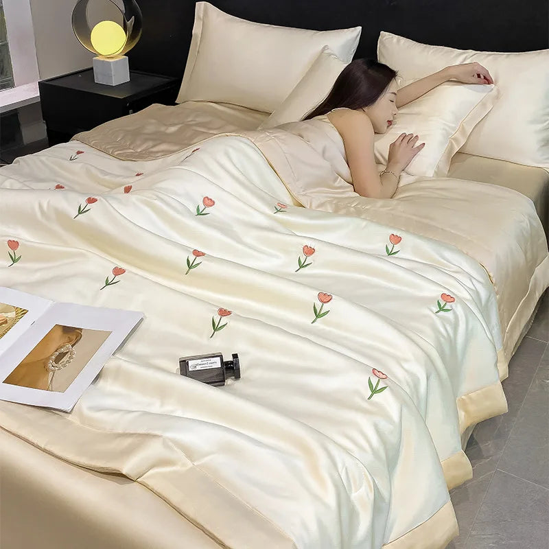 Afralia™ Bowknot Embroidered Summer Bedding Set - Soft & Skin-friendly Quilt, Duvet, Pillowcases