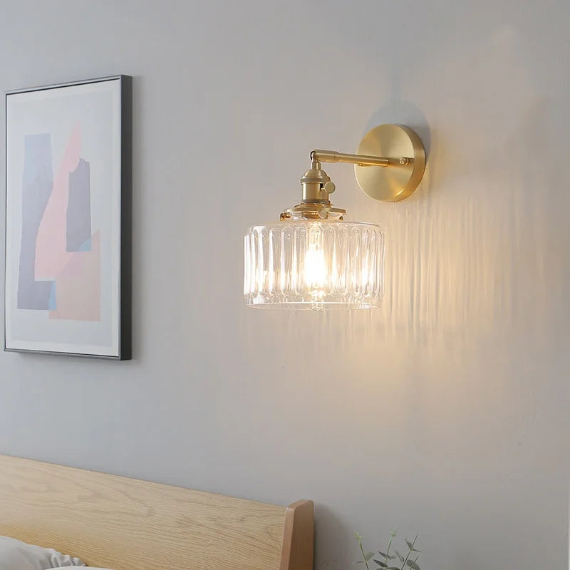 Afralia™ Copper Pull Chain LED Wall Light with Clear Glass Rotate Bedside Lamp