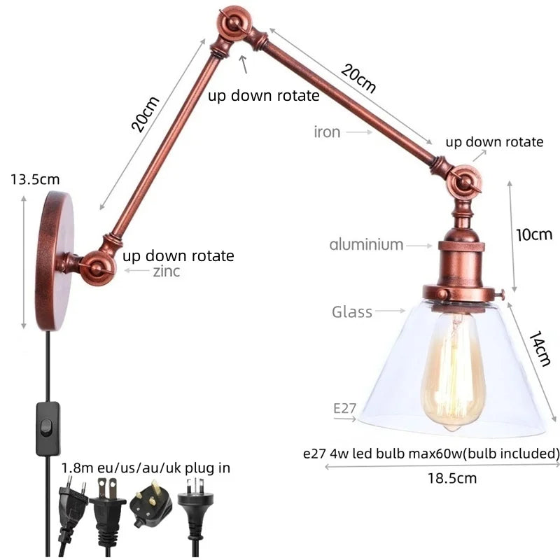 Afralia™ Swing Arm LED Wall Lights Pull Chain Switch Glass Ball Industrial Home Decor