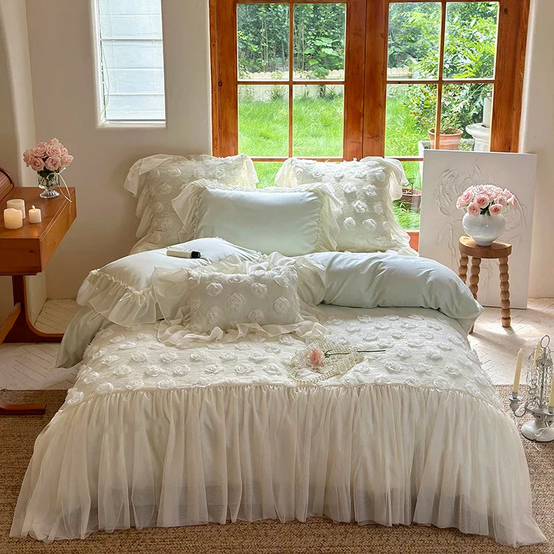 Afralia™ Pink Rose Flowers Lace Ruffles Princess Wedding Bedding Set
