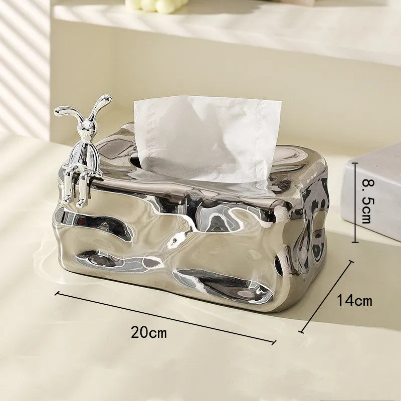 Afralia™ Silver Ceramic Tissue Box & Rabbit Napkin Holder - Home Desktop Storage