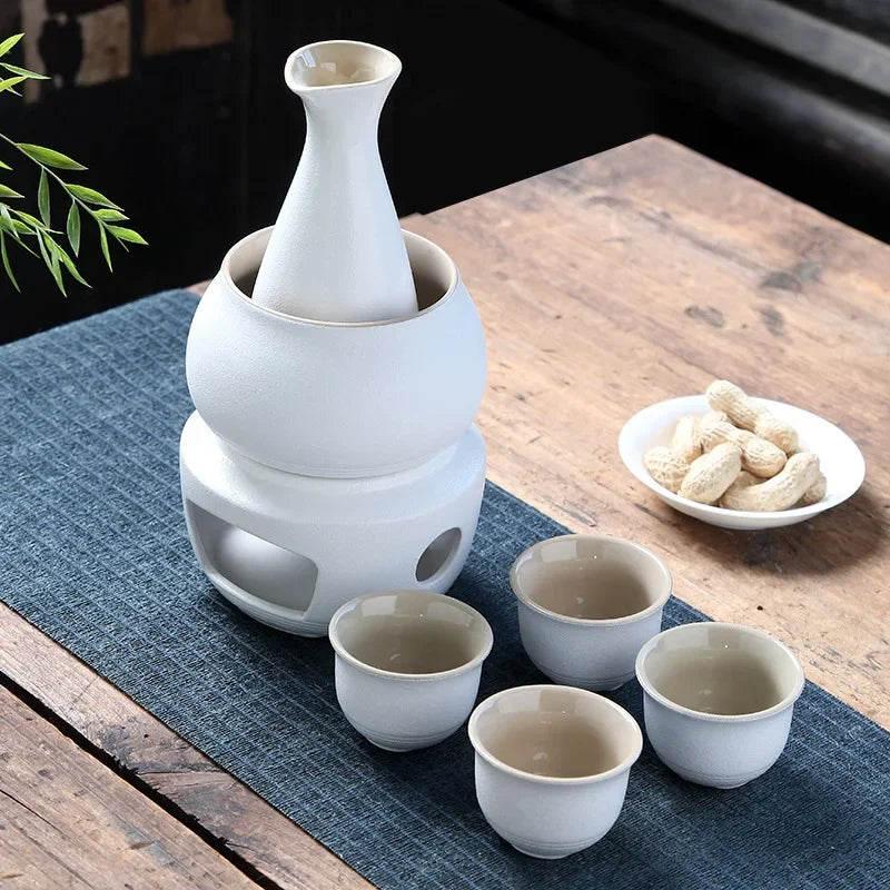 Afralia™ Sake Set: 7-Piece Ceramic Wine Kit with Carafe, Cups, Warmer, and Candle Warmer