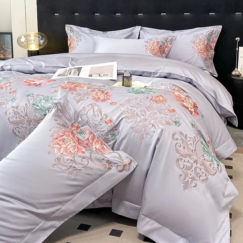 Afralia™ Luxury Flowers Embroidery Cotton Bedding Set - Queen King Size