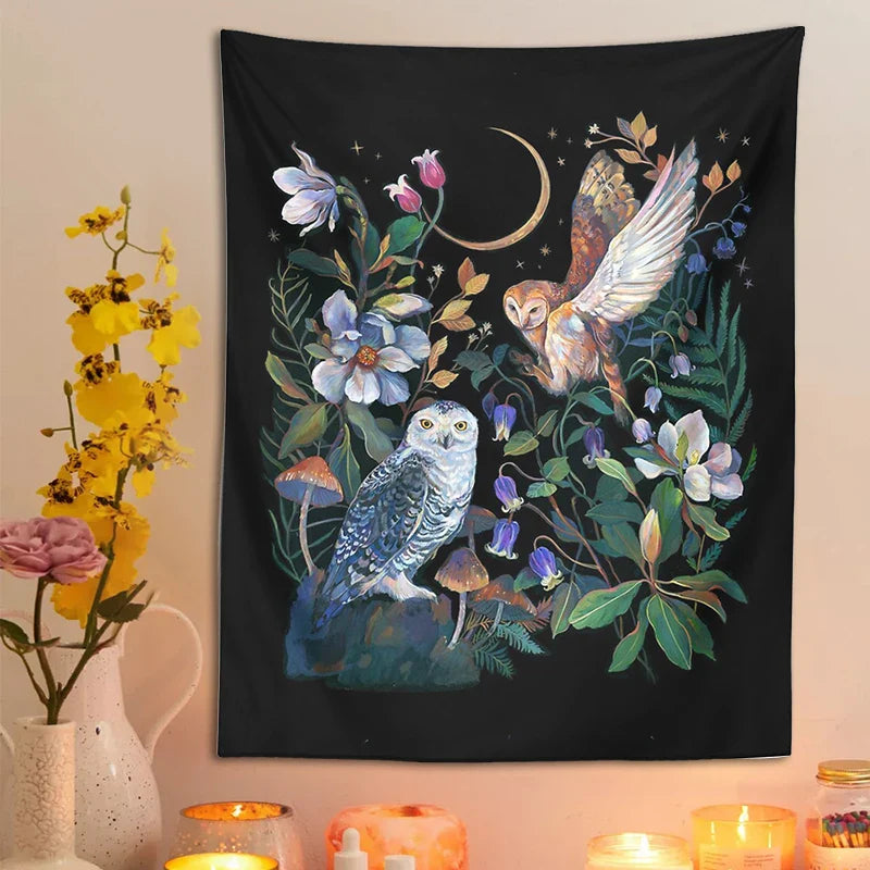 Afralia™ Owls Night Garden Tapestry Wall Hanging - Psychedelic Moon Magic Plant Flower Tapestries