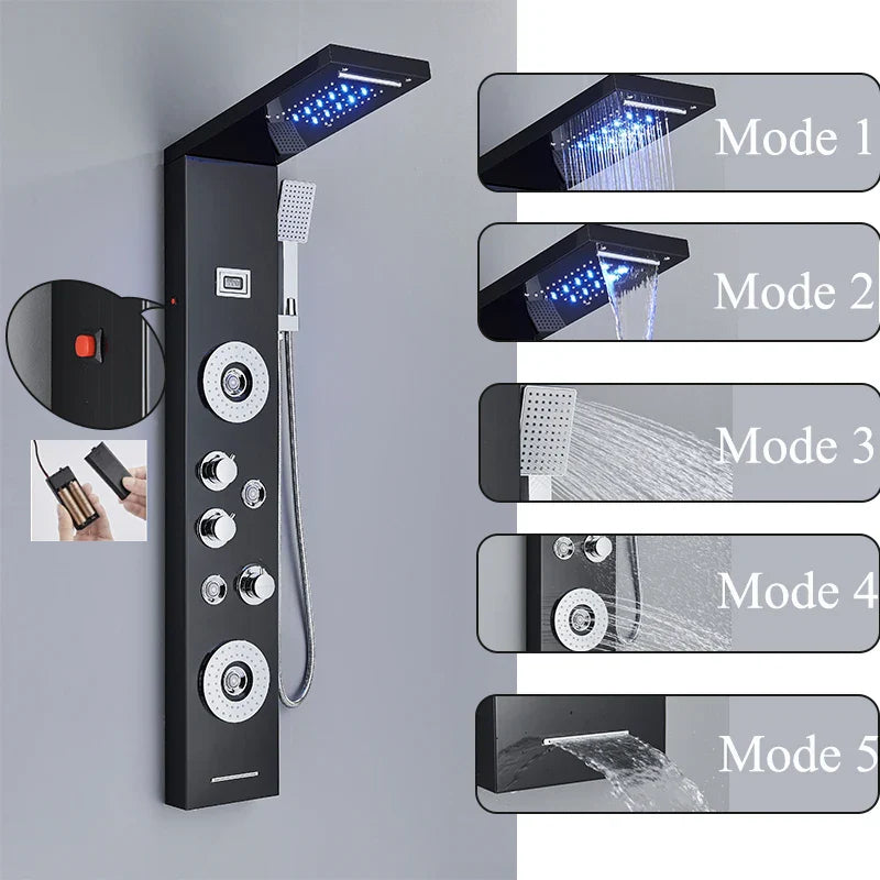 Afralia™ LED Shower Panel Tower Rain/Waterfall Massage Spa Jets Bathroom Column