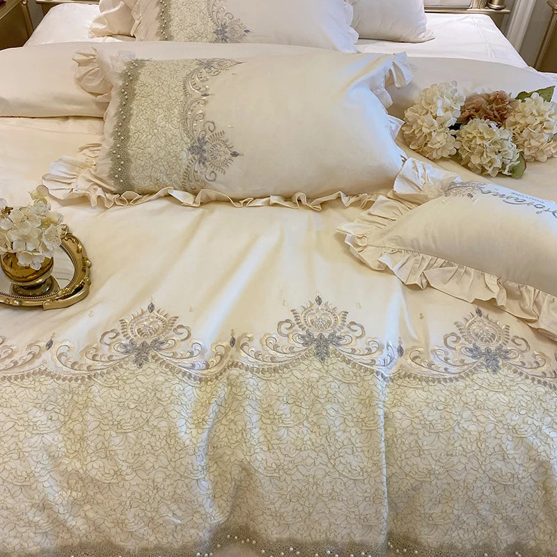 Afralia™ Embroidered Ruffles Beads Bedding Set with Egyptian Cotton Duvet Cover