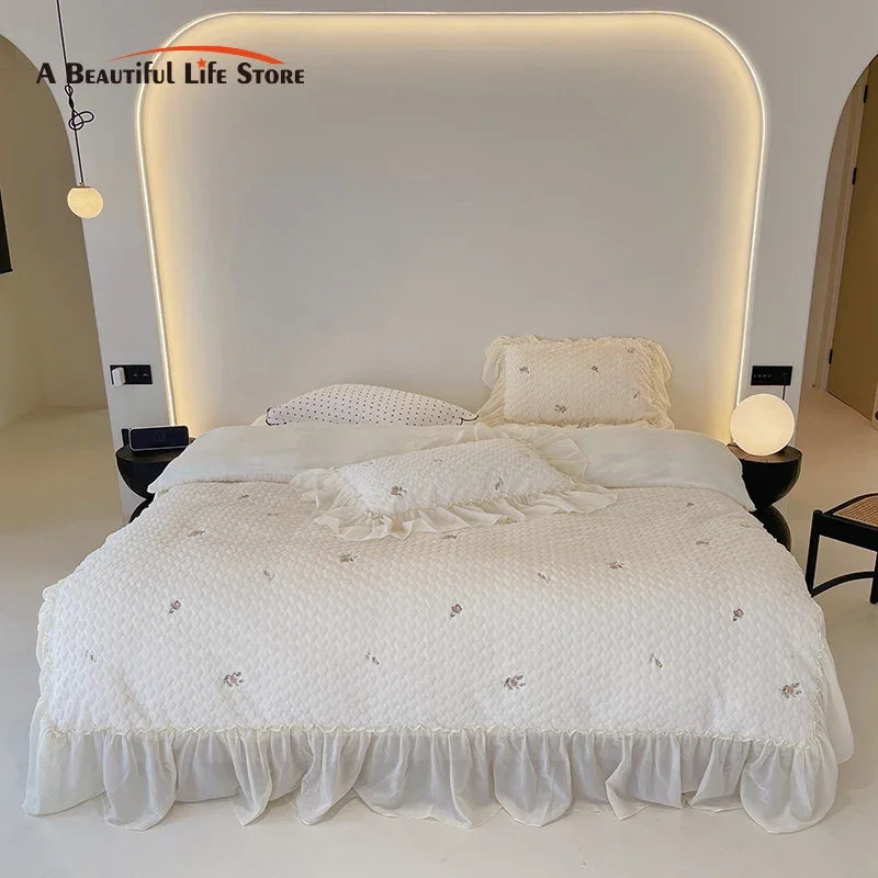 Afralia™ Rose Flower Lace Ruffles Bedding Set with Plush Velvet Fleece Material