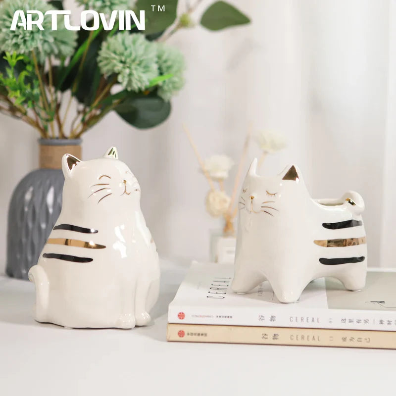 Afralia™ Nordic Cat Figurine Vase Succulent Plant Pot Decor Statues