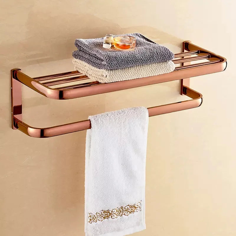 Afralia™ Rose Gold Bathroom Accessories Set: Towel Rack, Shelf, Paper Holder, Towel Holder, Toilet Brush Holder