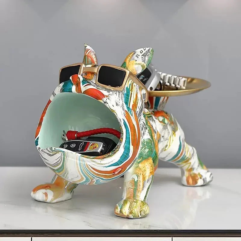 Afralia™ Resin French Bulldog Figurine with Tray - Colorful Dog Statue for Home Office Decor