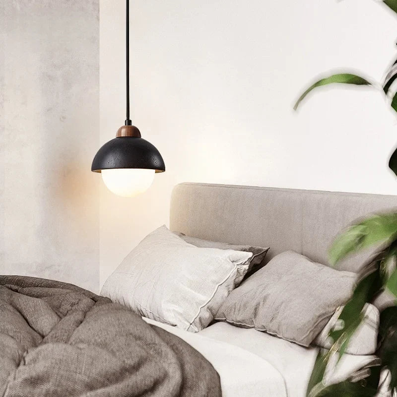 Afralia™ Glass Ball LED Pendant Lights Black Travertine Wabi Sabi Hanging Lamp