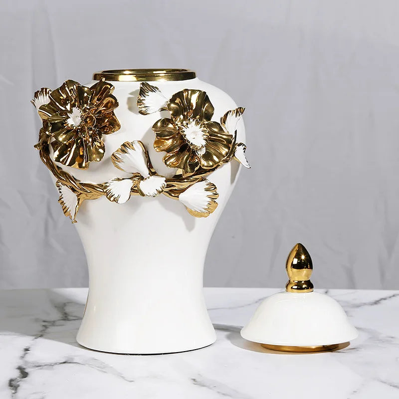 Afralia™ Floral Relief Ceramic Storage Jar - Golden Pot Vase