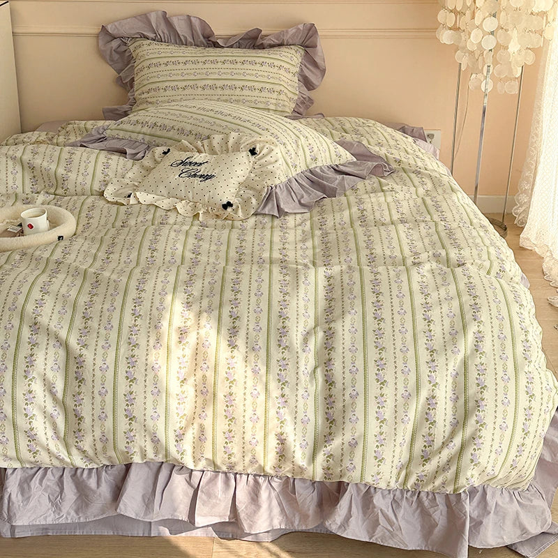 Afralia™ French Floral Cotton Bedding Set with Big Lace Ruffles, Fresh Flowers
